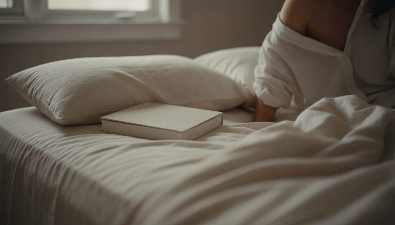 Lit défait dans la lumière du matin, un livre fermé posé sur le drap
