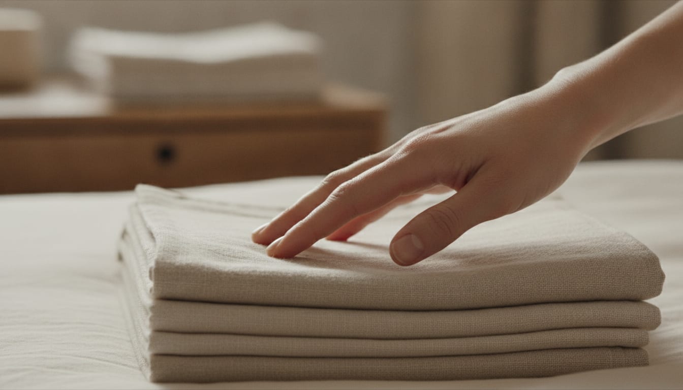 Main effleurant du linge plié, détail macro des doigts et du tissu