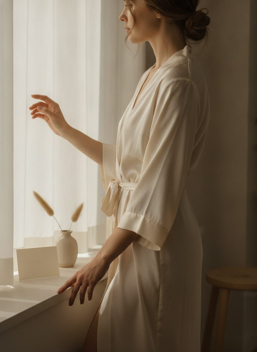 Femme debout près d’une fenêtre voilée, en peignoir clair, vue de profil