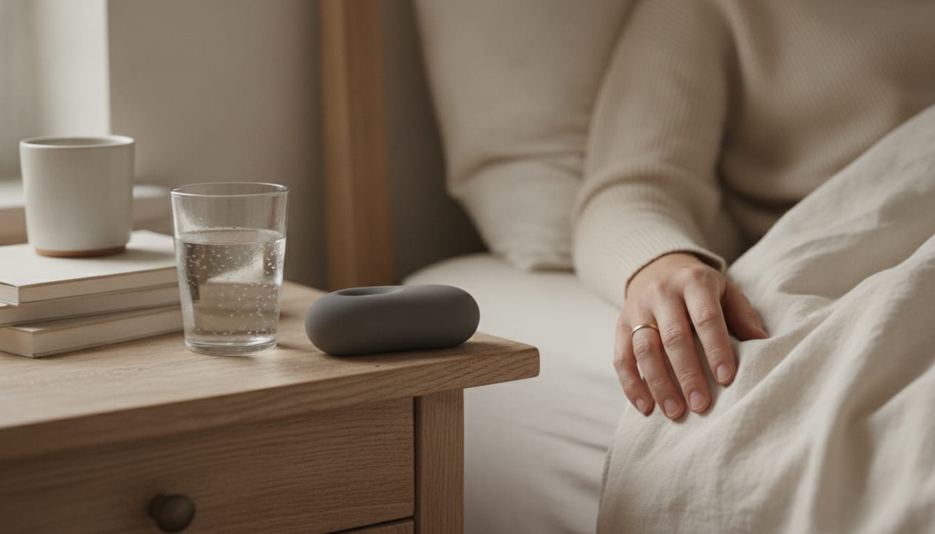 Petit objet en silicone mat posé sur une table de nuit en bois