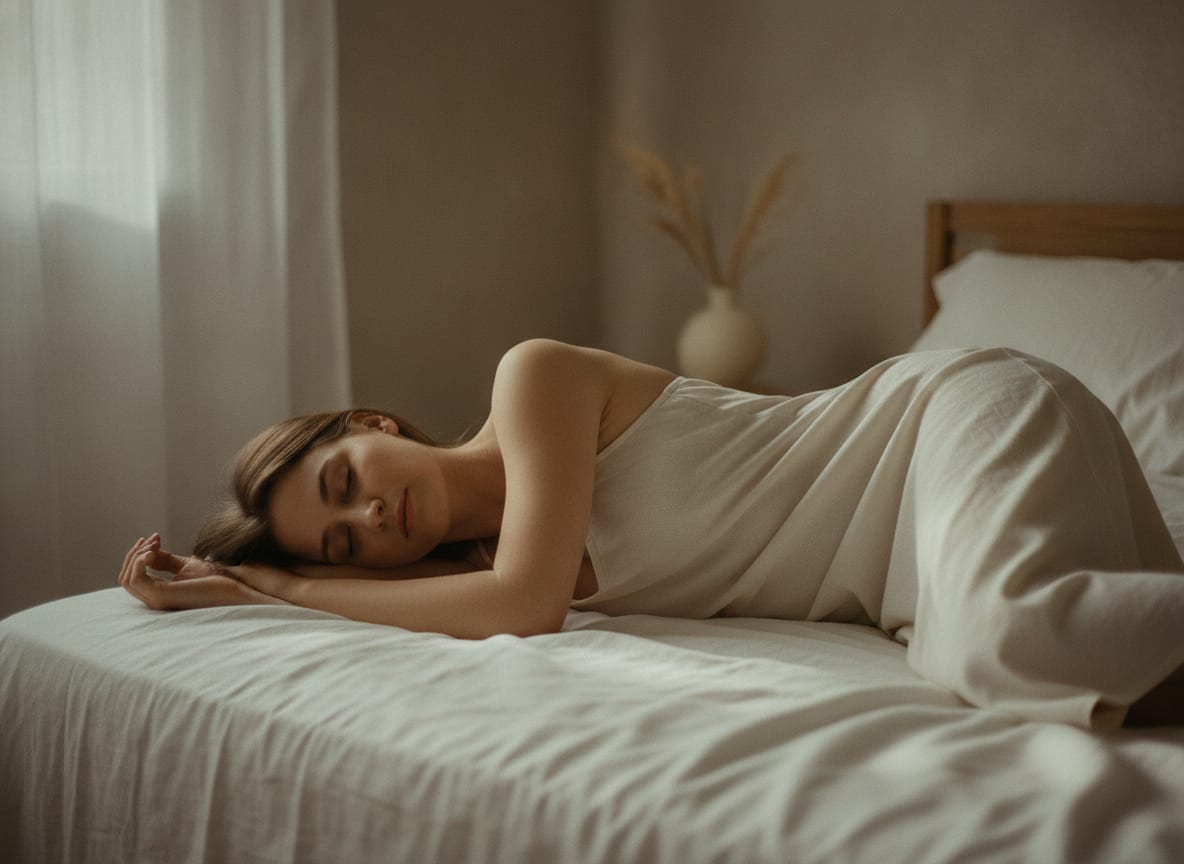 Femme allongée sur un lit en chemise de coton, un bras replié sous la tête, lumière de fenêtre
